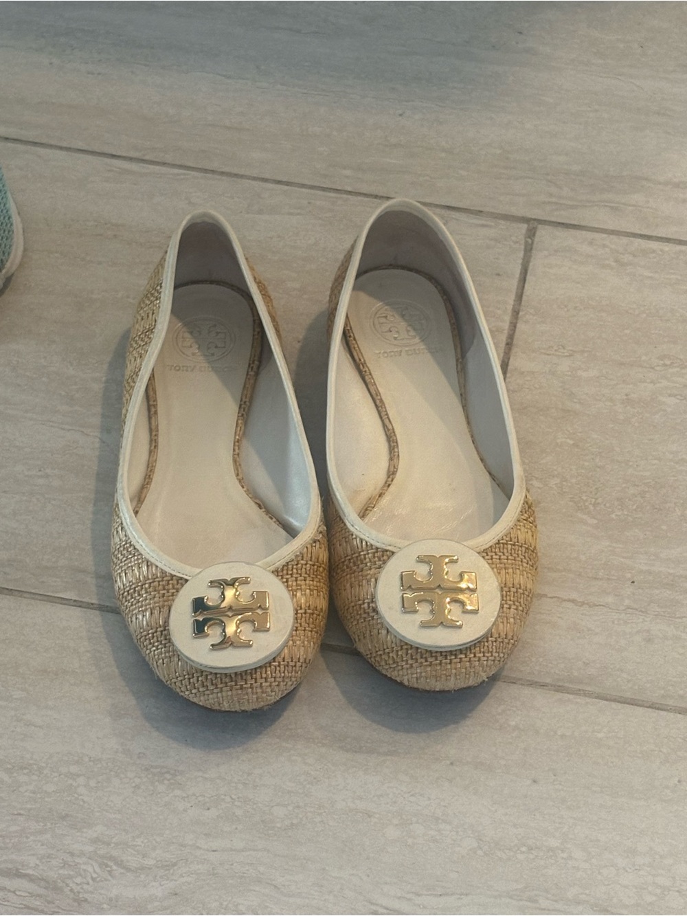 Tory Burch Natural Raffia Logo Ballet Flats with Gold Emblem